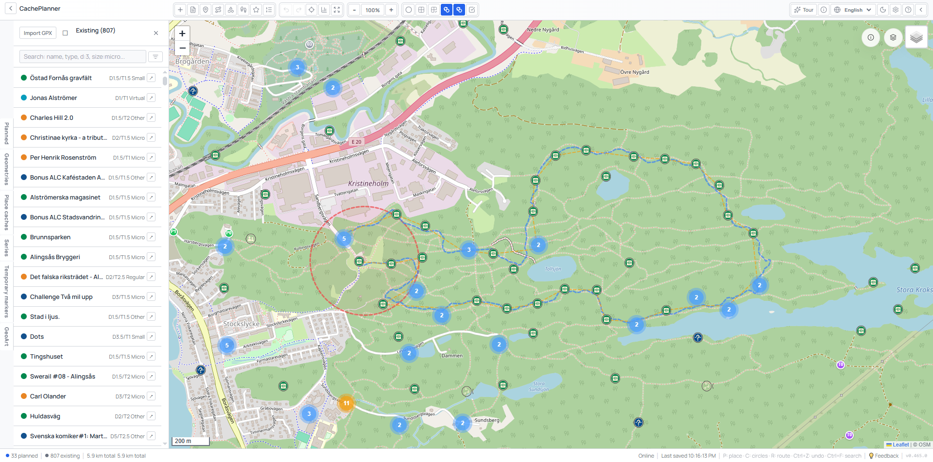 Screenshot of the real CachePlanner workspace: a planned trail series along forest paths with 161 m circles and hundreds of existing caches.