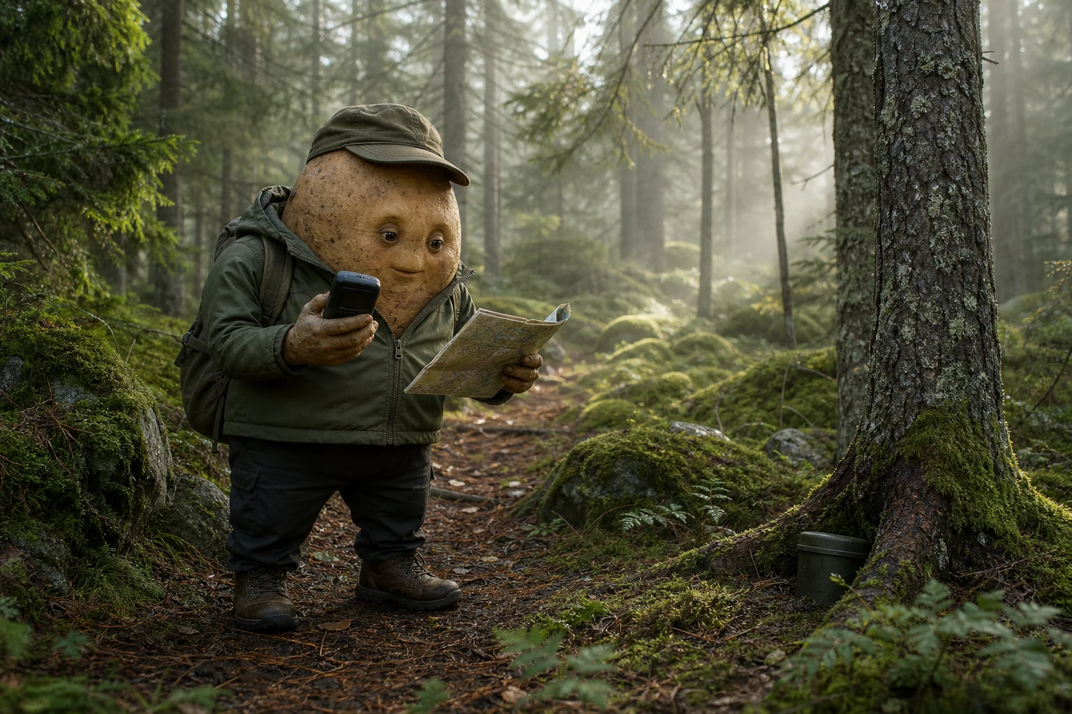 The mascot in the forest with a GPS and a paper map, next to a hidden cache container.