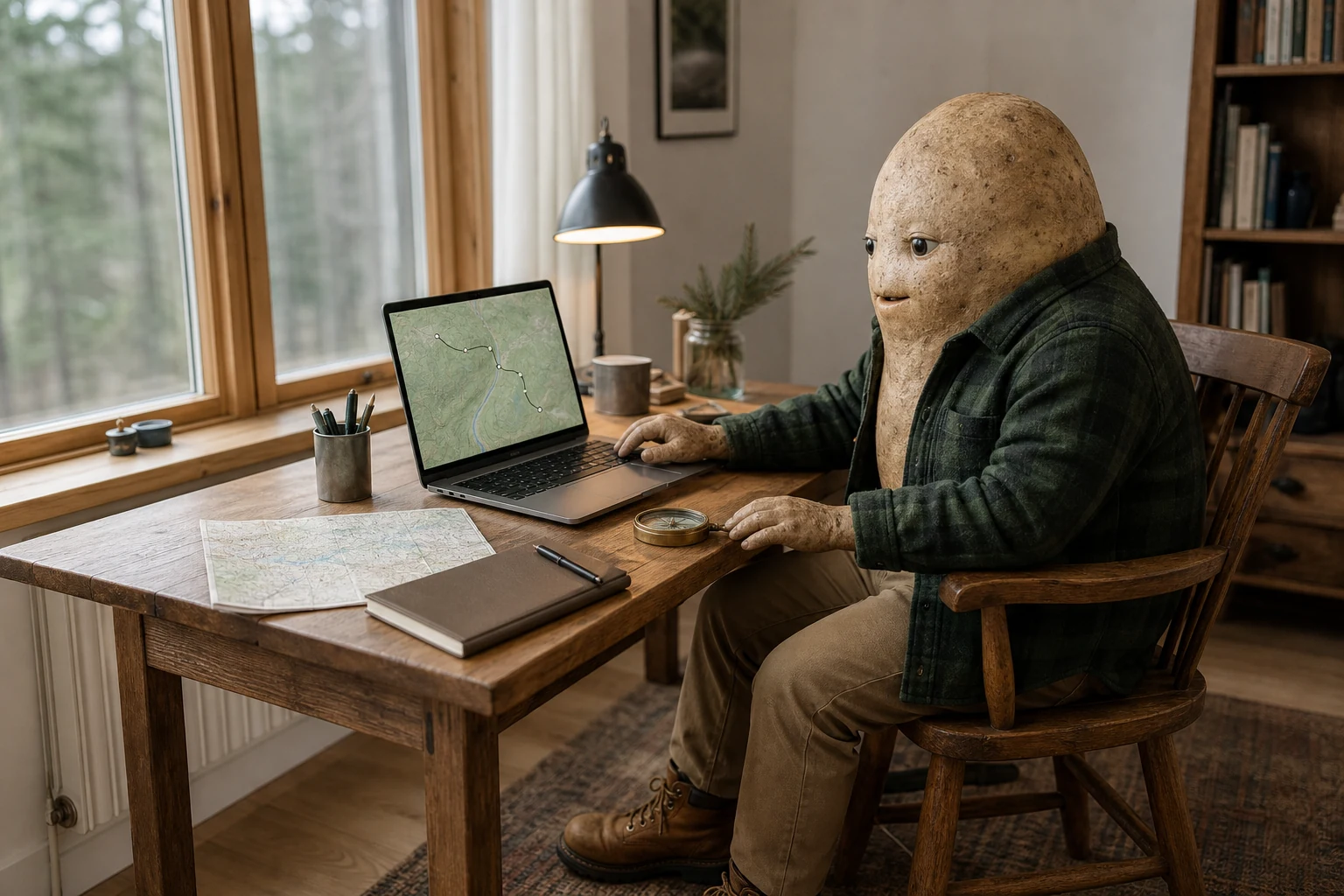 The CachePlanner mascot planning a cache route on a laptop at a home desk.