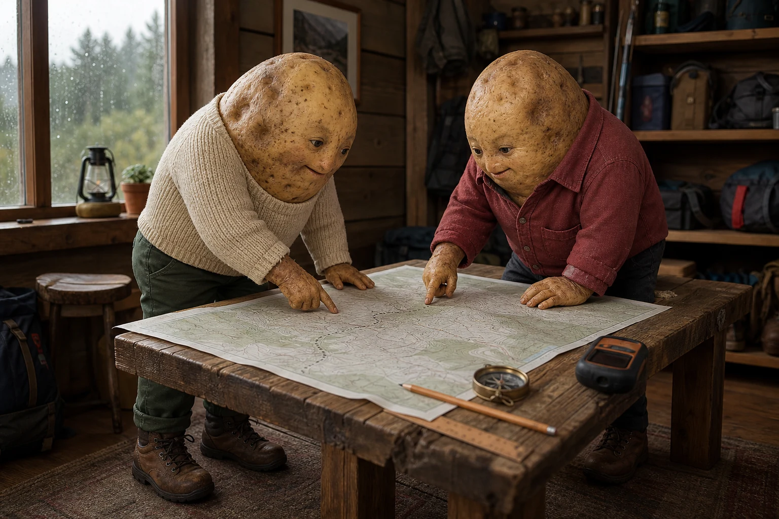 Two mascots planning together over a shared paper map in a cabin.